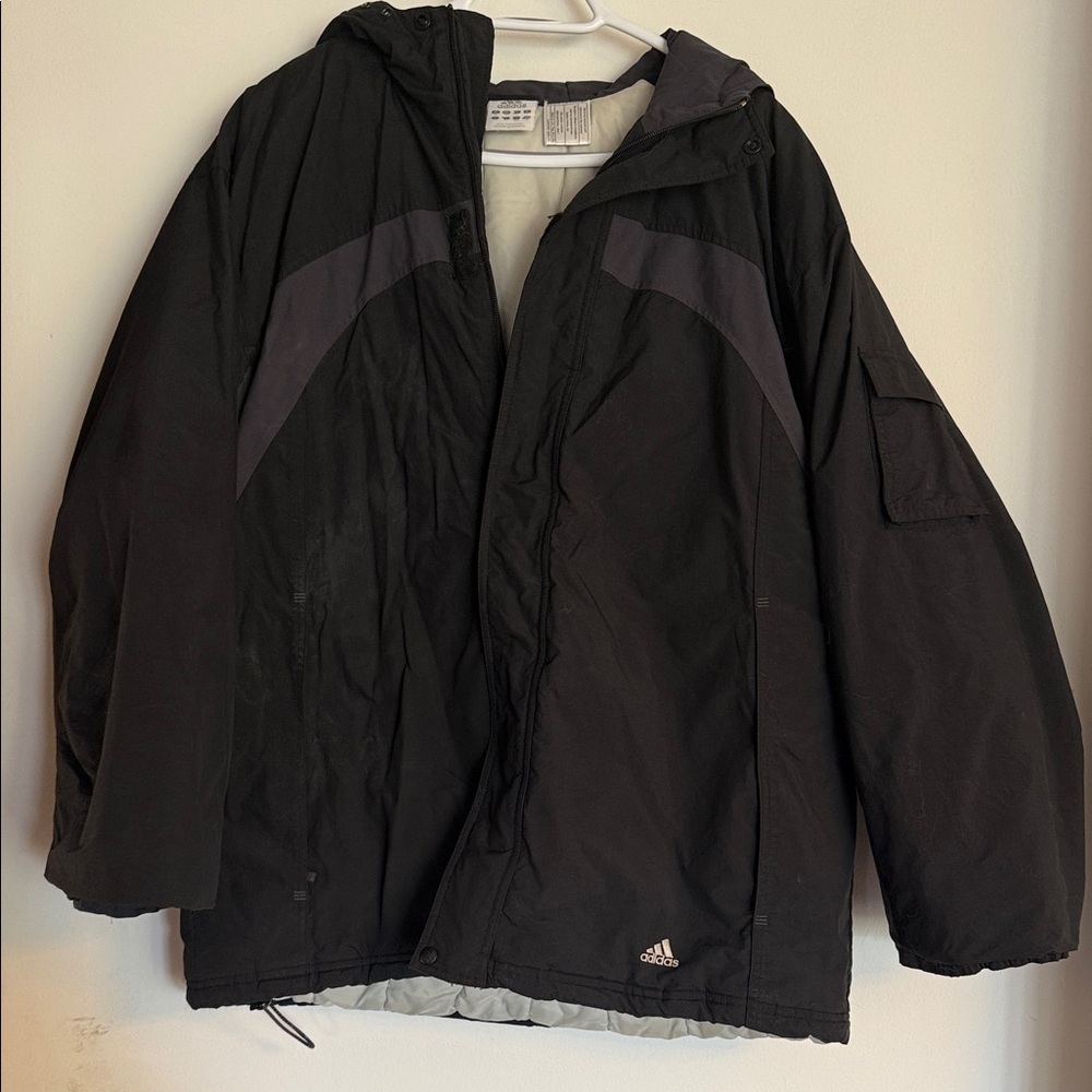 Vintage Adidas Black Hooded Puffer Jacket with Dark Gray Accents